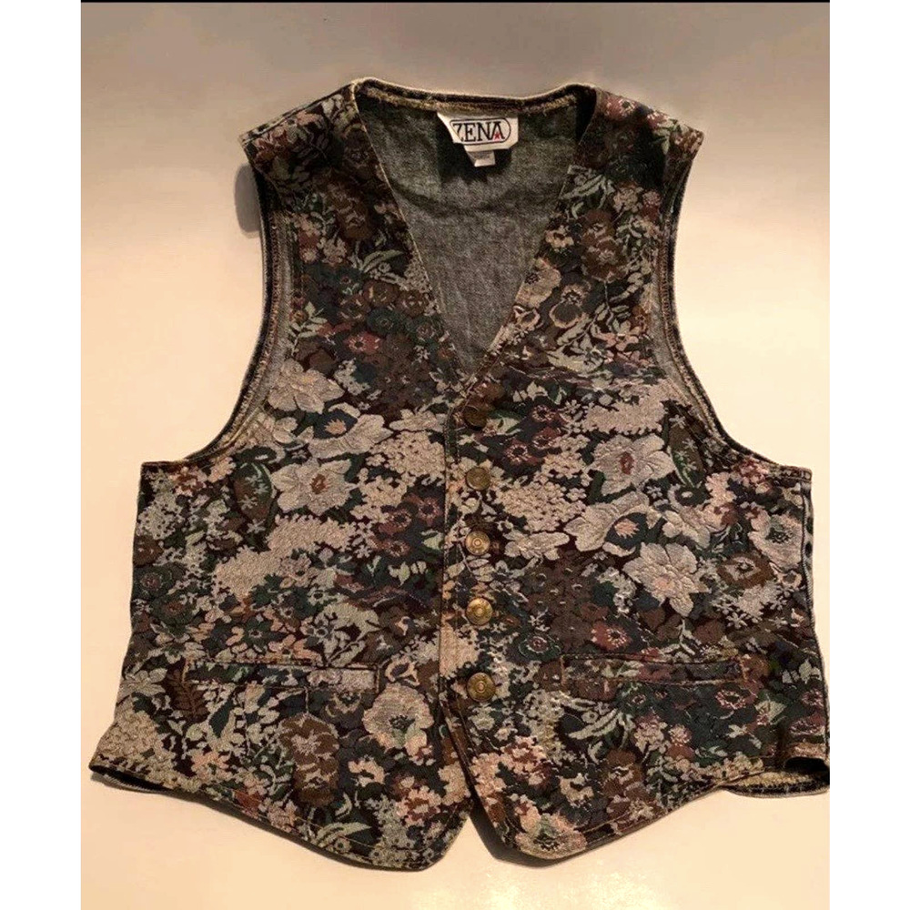 Vintage Zena Denim Floral Flower Pocket Acid Wash Button Vest 90s Y2k